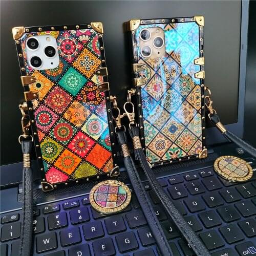 Luxury Glitter Plaid Flower Square Cover Lanyard Cord Strap Case for Samsung S20 Plus S21 Ultra S10 S8 S9 Note 20 10 Plus 9 8