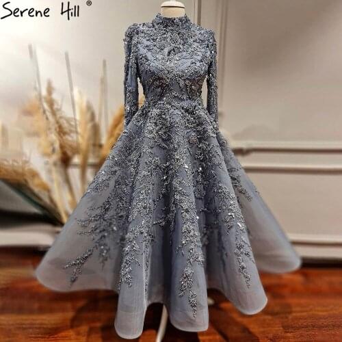 Serene Hill Grey Blue A-Line Evening Dresses Gowns 2021 Beaded Luxury Ankle Length For Women Party LA71098