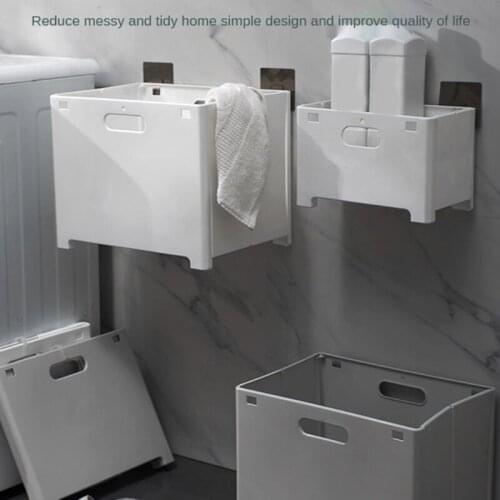 Nordic Style Foldable Laundry Basket Wall Mount Punch-Free Plastic Hanging Storage Box Bin Bucket with Handles Bathroom N0PA