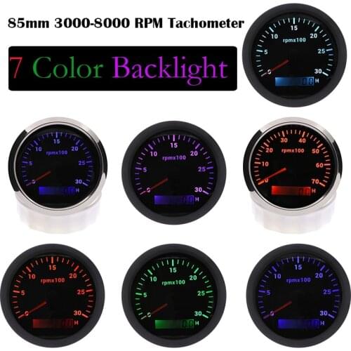7 Color Backlight 85mm Tachometer For Marine Boat Motorcycle Car 3000 4000 6000 7000 8000 RPM Tacho Gauge With LCD Hourmeter
