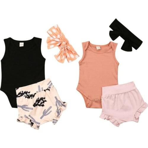 Cute Infant Baby Girl Newborn 3Pcs Outfit Sleeveless Romper High Waist Ruffle PP Shorts Headband Fashion Clothing Set