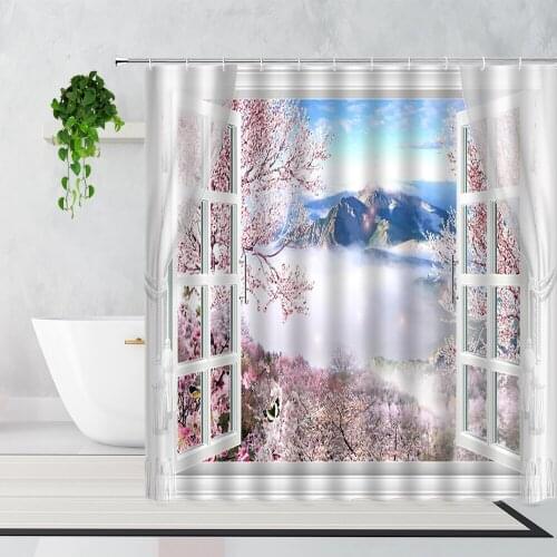 Window Scenery Shower Curtain Waterfall Beach Landscape Bathroom Decoration Background Bathtub Screen Waterproof Bath Curtains