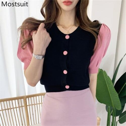 Color-blocked Korean Knitted Sweaters Tops Women 2020 Summer Lantern Sleeve O-neck Single-breasted Fashion Ladies Pullovers Tops