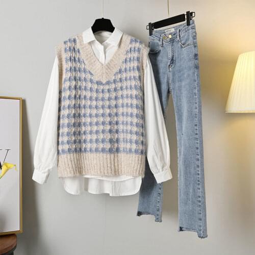 Large Size Womens Autumn New Suit Womens Knitted Vest + Shirt + Womens Jeans Large Size Three-piece Suit