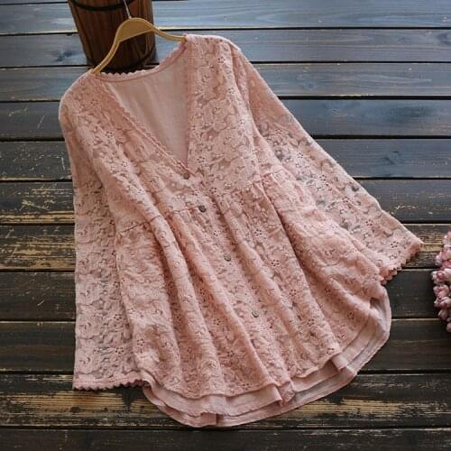 5896 New Spring Women Literary Japan Style Mori Girl Embroidery Loose Fake Two-Piece Tops V-Neck Long Sleeve Cotton Shirts