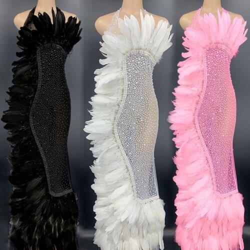 Sparkly Multicolor Pearls Feather Long Dress Sexy Perspective Celebrate Dresses Women Prom Party Wear Festival Outfit DT2950