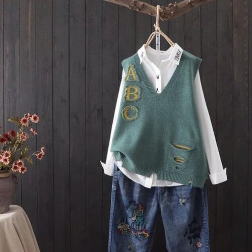 Green Letter Hole Fashion Spring Autumn V-neck Knit Sleeveless Sweater Vest Loose Outcoat Student Lady Top Cloth for Women girl