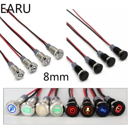 12V 8mm Chromed Black Shell Logo Icon Symbol Customization Waterproof LED Metal Indicator Pilot Lamp Light for Car with Cable