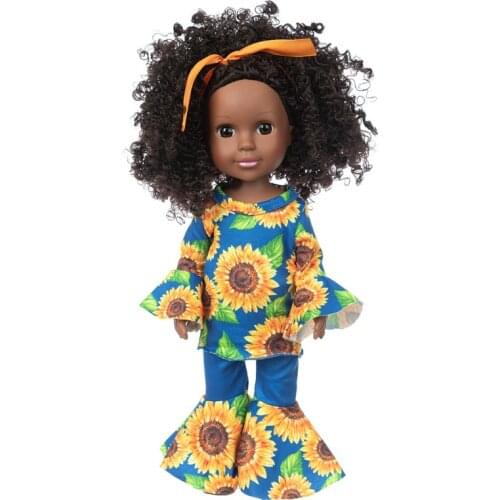 14 Inch 35cm Sunflower Flying Sleeve Small Black Skin Doll Explosive Head Skinny Female Doll African Doll Children Girl Toy
