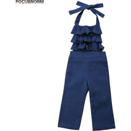 2018 Newly Summer Fashion Toddler Kids Girls Denim Blue Bib Pants Sleeveless Belt Ruffles Slim Overalls Outfit 1-6Y