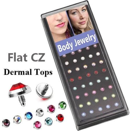 40piece/box Flat CZ Crystal Dermal Anchor Tops with 16g Thread Skin Piercing Jewelry mixed colors
