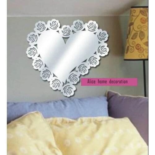Free shipping rose flower and big heart acrylic decorative mirror sticker, wall mirror sticker decoration