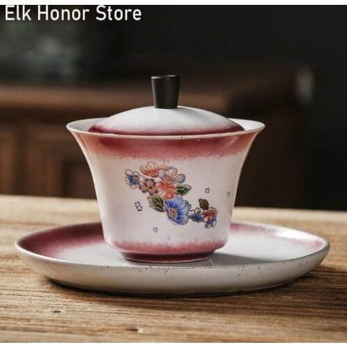 135ml Kiln Change Ceramic Sancai Cover Bowl Handmade Color Painting Gold Painting Tea Bowl Kungfu Tea Hand Grasping Bowl
