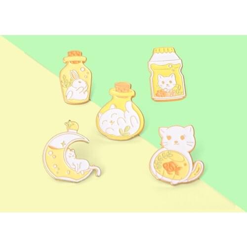 Cats Bottle Enamel Pins Yellow Fish Water Jewelry Brooches Badge Accessories Backpack Cap Gift for People Who Love Cute Kitties