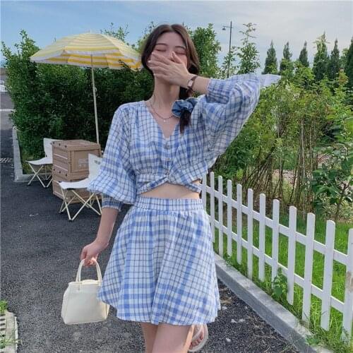 A-line Plaid Short Skirt Summer Sweet Style Chic V-neck Puff Sleeve Crop Top Fashion Korean Clothes Blue Two-piece Suit