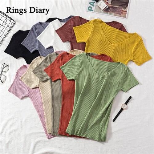 Rings Diary Women Soft Rib Knit Tees Summer Knitting V Neck Short Sleeve Slim Fit Basic Tshirts Retro Basic Going Out Cute Tops