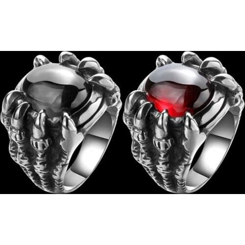 Retro Punk Goth Big Dragon Claw Black Red Stone Mens Ring Gothic Punk Men Big Stone Ring