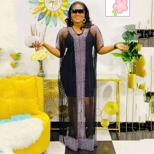 2 Piece Sets New African Dresses For Women Fashion Loose Transparent Mesh Summer Maxi Long Dress Diamond Dashiki Abaya