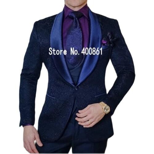 Handsome Navy Blue Paisley Groom Tuxedos Shawl Collar Mens Evening Dress Toast Business Suits (Jacket+Pants+Vest+Tie) W:178