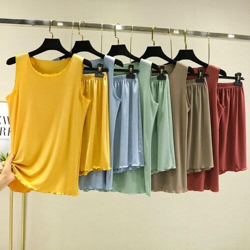 Fdfklak Summer Sleeveless 2 PCS Women Pajamas Set Ice Silk Pyjama Femme New Home Clothes Suit L-XXL Plus Size Loungewear