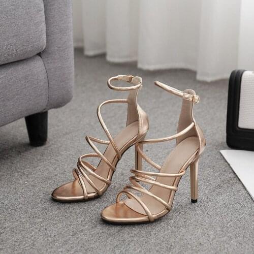 Fashion Women Ankle Strap Sandals Casual PU Buckle Strap Thin Heels 11.5CM Open Toed High Heels Women Sandals Discount Pumps