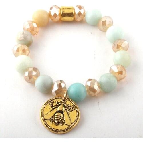 Fashion Beautiful 12mm Stone and Crystal Metal Charm Bracelet Natural Stone Bracelets