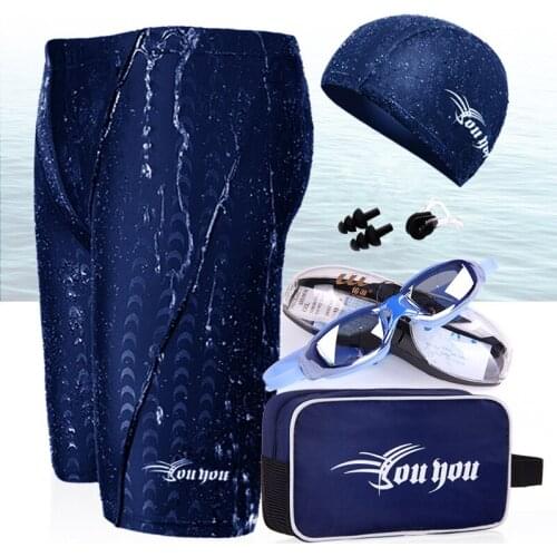 Men Swimming Set Long Mens Swim Trunks Shark Swimwear Swimming Shorts Glasses Cap Carry Bag Suit Bathing Beach Swimsuit