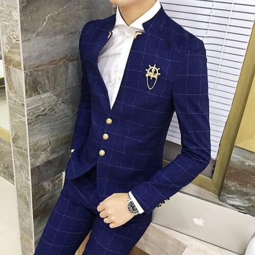 Jacket + Pants ) Boutique Fashion Plaid Mens Casual Slim Suit 2pcs Set Stand-up Collar Groom Wedding Dress Stage Performance