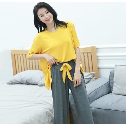 SOVELOSA Modal Pajamas Sets for Women Sexy Nightwear Short-sleeved Trousers Loose Two-piece Home Wear Suit Korean Woman Clothes