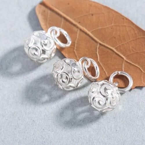 925 Sterling Silver Hollow Craft Ball Charms Jewelry Making DIY Necklace AccessoriesBeads With Loop Silver Pendants 8x14mm