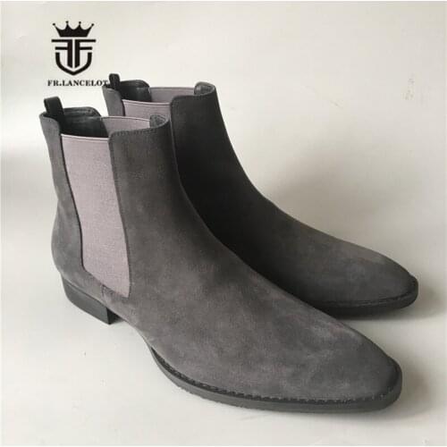 Real Picture dark gray pionted toe Chelsea suede Boots dress wedding handmade Boots shoes