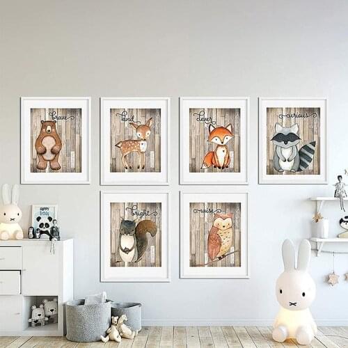 Retro Cartoon Animal Combination Canvas Painting Cute Raccoon Fox Inspirational Poster Childrens Room Bedroom Decor Pictures