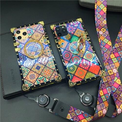 Luxury Glitter Retro Flower Cover Case for iPhone 12 PRO XS Max X XR Strap Soft Square Case for iphone 11 PRO MAX 7 8 Plus 6 6S
