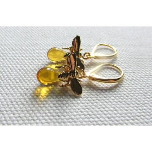 Bee Earrings, Gold Bumble Bee and Honey Leverback Dangle Earrings