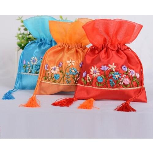 Organza Tassel Cloth Drawstring Bag Handmade Ribbon Embroidery Gift Bags Empty Sachet lavender Packaging Bags Storage Pouch