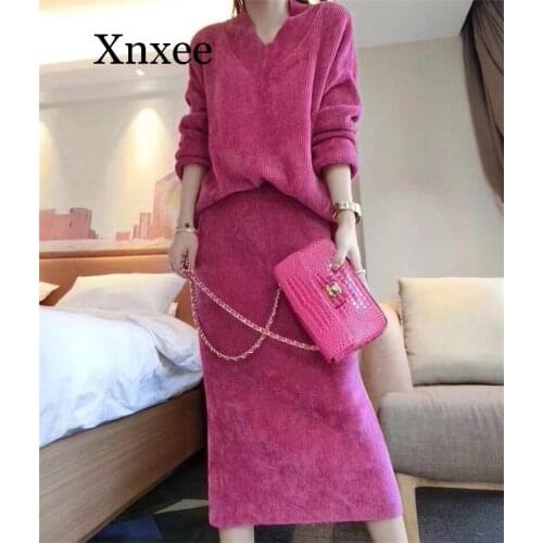 2020 Wool russia warm Winter light cooked sweater skirt fashion two-piece suit Long skirt warm reception winter wedding casual