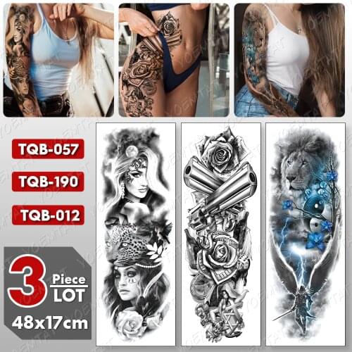 3 pcs/lot Large Arm Sleeve Tattoo Gun Rose Lion Waterproof Temporary Tatto Sticker Skull Body Art Full Fake Tatoo Women Men