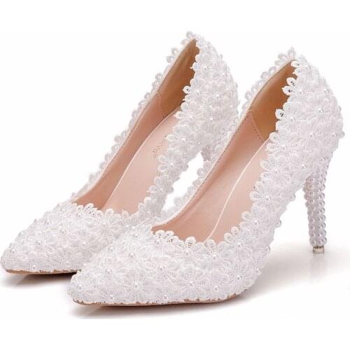 Fashion women thin high heels sexy party shoes women pumps wedding banquet Lace PU Rhinestones Slip On 9.5CM Pointed Toe white