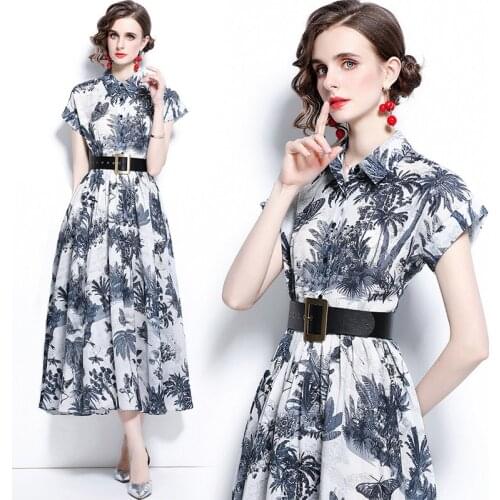2021 New Women Dresses Office Lady A-LINE Printing Mid-Calf Women Dresses Turn-down Collar Elegant Party Women Summer Dresses