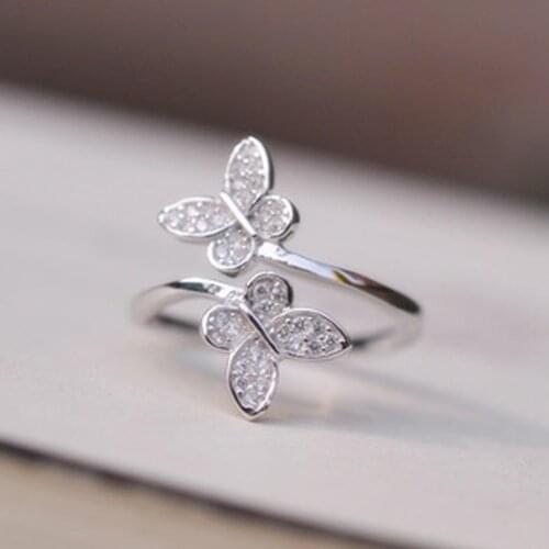 Female Butterfly Opening Rings Adjustable Finger Ring Jewlry Silver Color Rhinestone Double Butterfly Opening Rings for Women