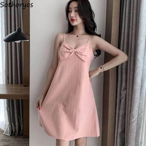 Women Spaghetti Strap Sleepshirts Solid Bow Sweet Slender Temperament Cozy Females Nightgowns Candy Color Daily Knee-length Chic