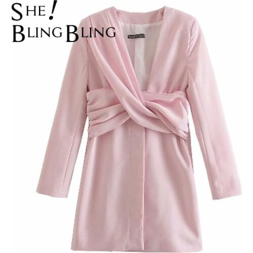 SheBlingBling 2021 Za Autumn Fashion Folds Twist Front Deep V Neck Wrist Sleeve High Waist Women Casual Pencil Mini Dress Female