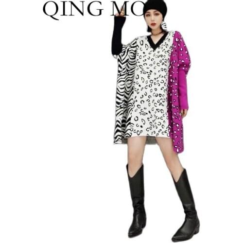 QING MO 2021 Autumn New Women Clothing Fashion Leopard Print Stitching Long Sleeve Dress Loose Mid-length V-neck Dress TT177Q
