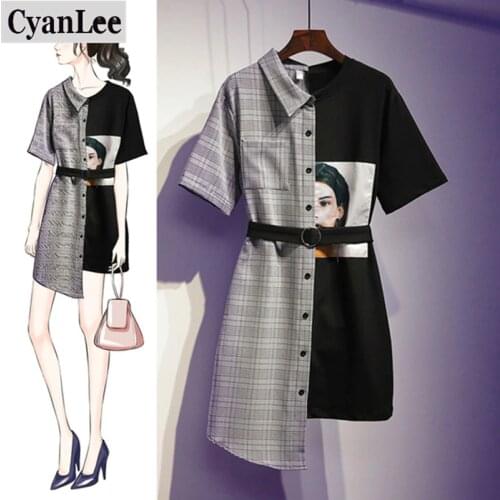 Plus Size Dress Women Plaid Patchwork Character Print With Belt High Waist Irregular Knee-length 2020 Summer Dresses M-4XL