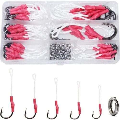 53pcs/Box Fishing Assist Hooks With PE Line Split Ring Stainless Steel Jigging Fishing Jig Hooks For Saltwater Fishing