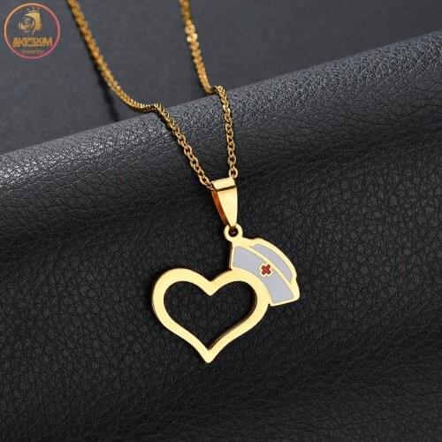 Akizoom Stainless Steel Nurse Hat Shape Necklace for Women Hook Pendant Gold Color Jewelry Party Nurses Day Gift Freeshipping