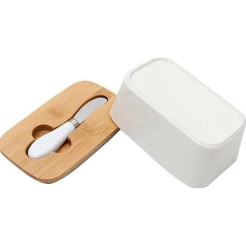Bamboo Lid With Ceramic Knife And Butter Box Kitchen Finishing Refrigerator Storage Sealed Canister Rectangular Storage Crisper