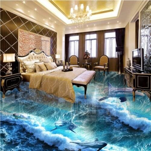 Free shipping custom self-adhesive home decoration floor living room bedroom bathroom wallpaper mural Dolphin Ocean 3D Floor