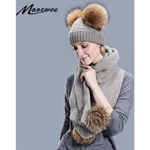 Childrens Hat and Scarf for Baby Autumn Winter Warm Hats Balaclava Women Knit Crocheted Wool Hats Natural Mink Fur Pompons Bone