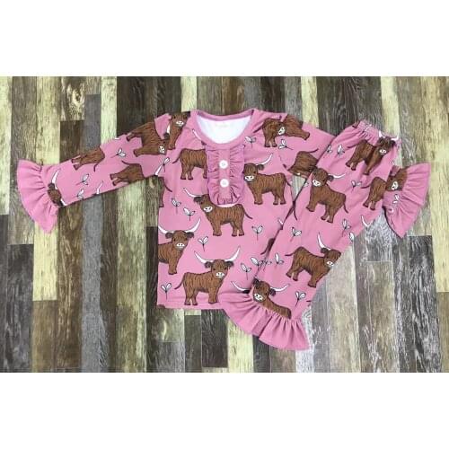 Cow print kids pajamas knitted two piece outfit toddler girls sleepwear baby clothing set